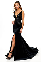 V-Neck Long Black Mermaid Beaded Black Tie Dress with Slit