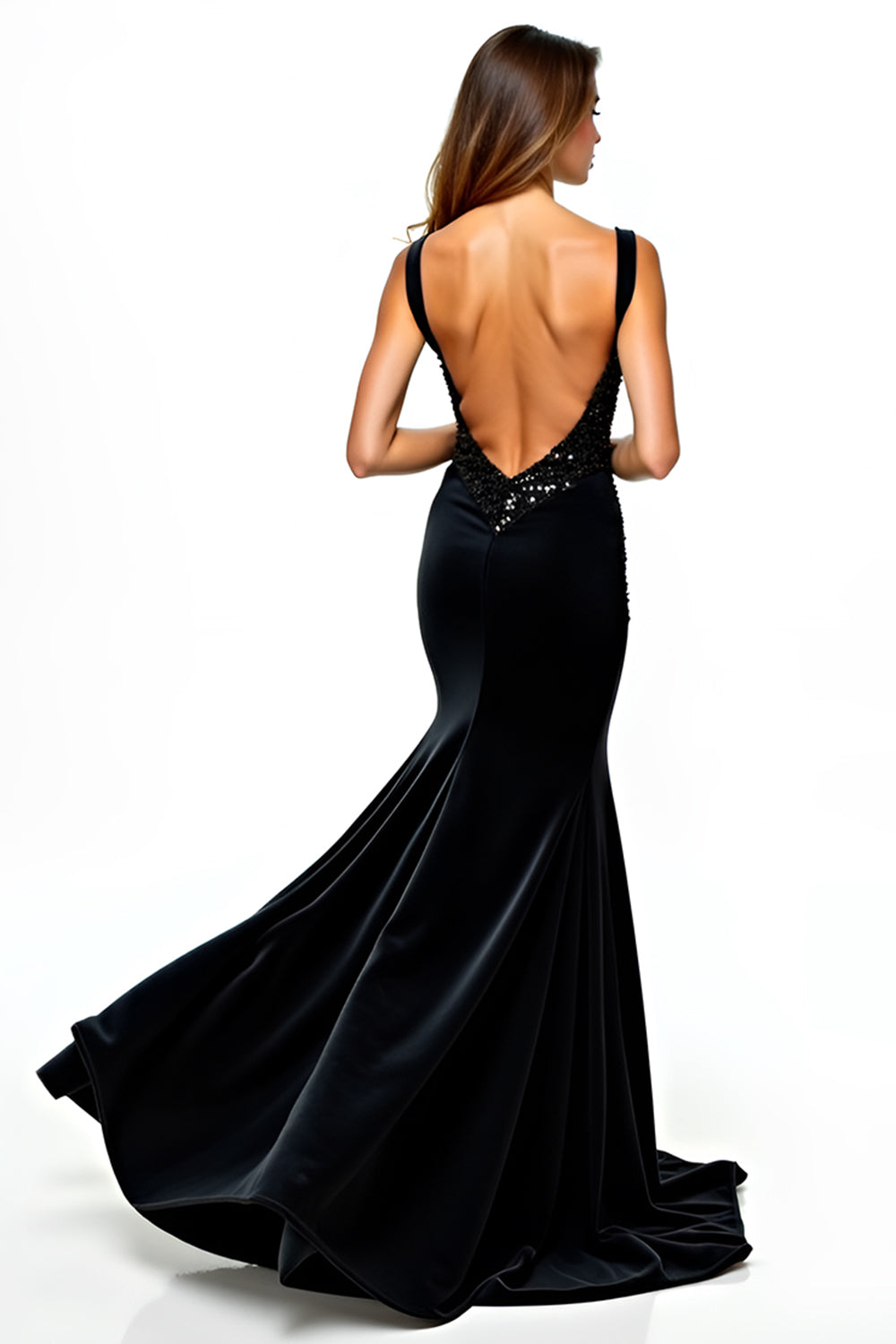 V-Neck Long Black Mermaid Beaded Black Tie Dress with Slit