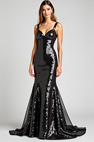Glitzerndes Meerjungfrauen-Kleid mit Schnürung am Rücken, lang, schwarz