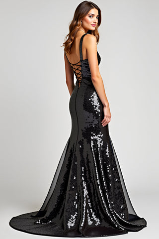 Glitzerndes Meerjungfrauen-Kleid mit Schnürung am Rücken, lang, schwarz