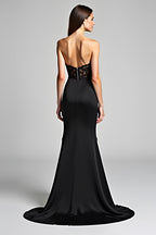 Strapless Long Black Mermaid Black Tie Dress with Slit