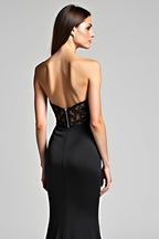 Strapless Long Black Mermaid Black Tie Dress with Slit
