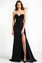 Long Appliqued Black Sweetheart Black Tie Dress with Slit