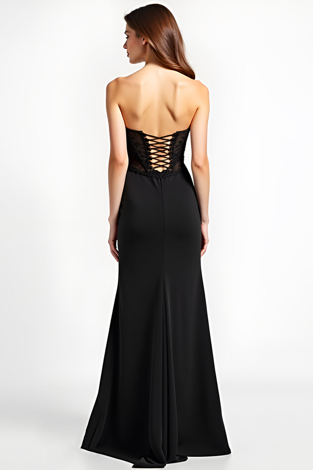 Long Appliqued Black Sweetheart Black Tie Dress with Slit