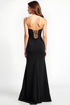 Long Appliqued Black Sweetheart Black Tie Dress with Slit