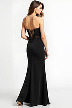 Long Appliqued Black Sweetheart Black Tie Dress with Slit