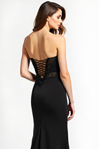 Long Appliqued Black Sweetheart Black Tie Dress with Slit