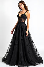 Long Appliqued Black A Line Lace Corset Black Tie Dress