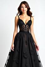 Long Appliqued Black A Line Lace Corset Black Tie Dress
