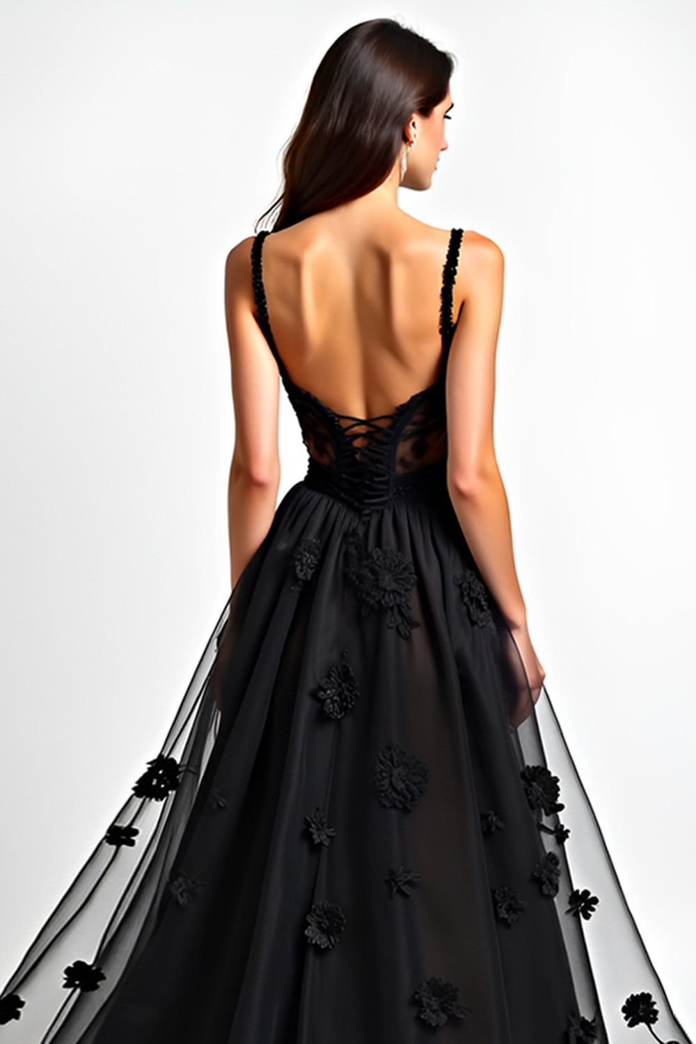 Long Appliqued Black A Line Lace Corset Black Tie Dress