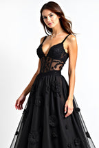 Long Appliqued Black A Line Lace Corset Black Tie Dress