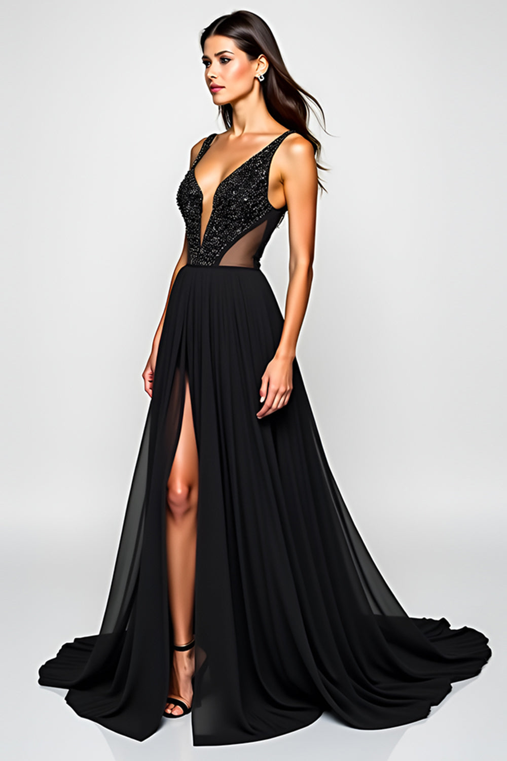Long Beaded Black A Line Cut-Out Formal Dress with Slit