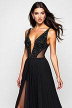 Long Beaded Black A Line Cut-Out Formal Dress with Slit