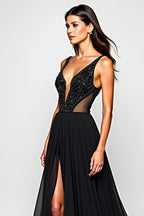 Long Beaded Black A Line Cut-Out Formal Dress with Slit