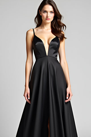 Deep V-Neck Long Black A Line Satin Black Tie Dress with Slit