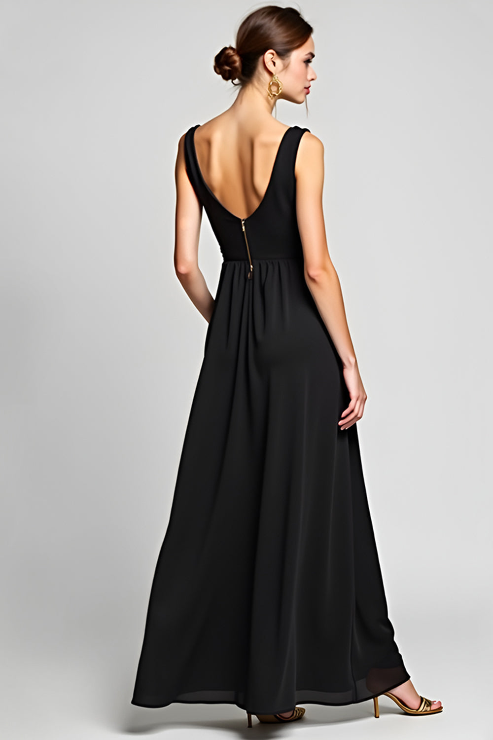 Black A Line Deep V-Neck Long Chiffon Ruched Black Tie Dress