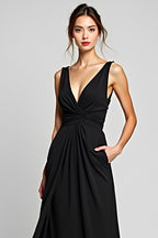 Black A Line Deep V-Neck Long Chiffon Ruched Black Tie Dress