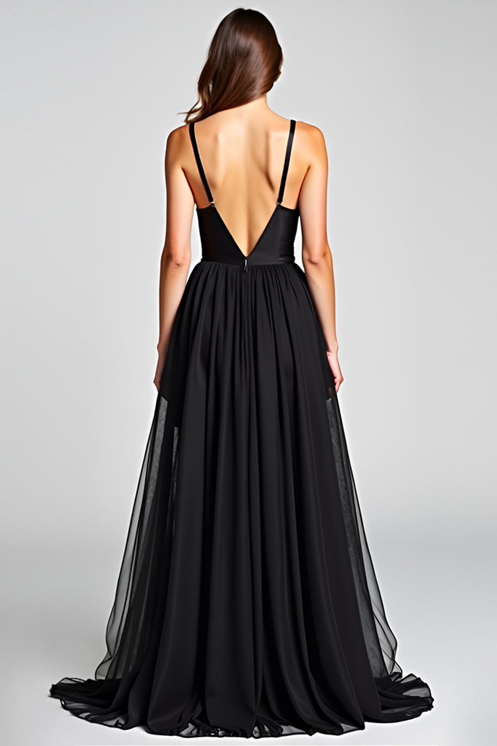 Tulle V-Neck Black A Line Long Satin Black Tie Dress