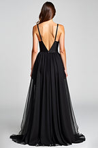 Tulle V-Neck Black A Line Long Satin Black Tie Dress