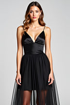 Tulle V-Neck Black A Line Long Satin Black Tie Dress