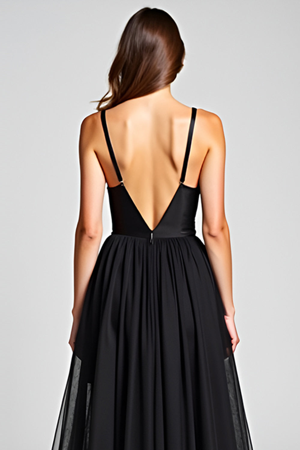 Tulle V-Neck Black A Line Long Satin Black Tie Dress