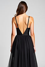 Tulle V-Neck Black A Line Long Satin Black Tie Dress