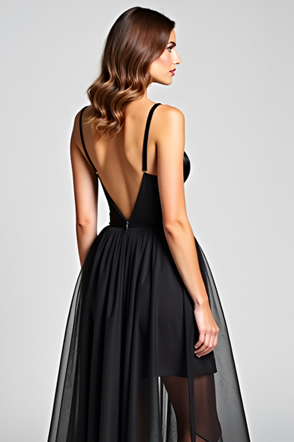 Tulle V-Neck Black A Line Long Satin Black Tie Dress