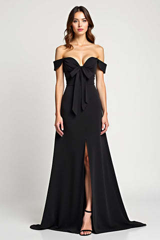 A-Linien-Kleid, schulterfrei, lang, schwarz, mit Schlitz