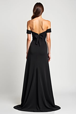 A-Linien-Kleid, schulterfrei, lang, schwarz, mit Schlitz