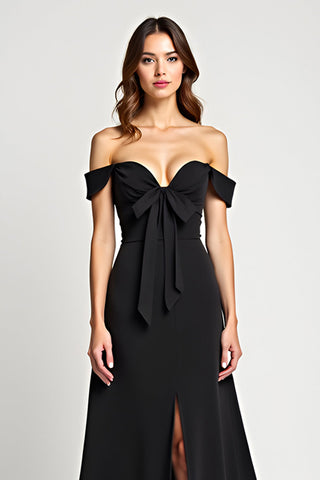 A-Linien-Kleid, schulterfrei, lang, schwarz, mit Schlitz