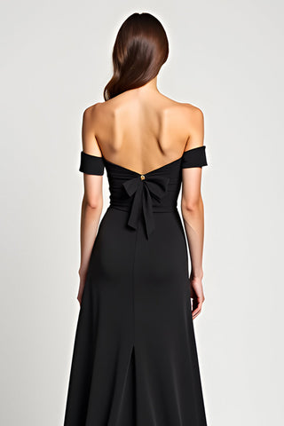 A-Linien-Kleid, schulterfrei, lang, schwarz, mit Schlitz
