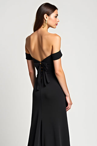 A-Linien-Kleid, schulterfrei, lang, schwarz, mit Schlitz
