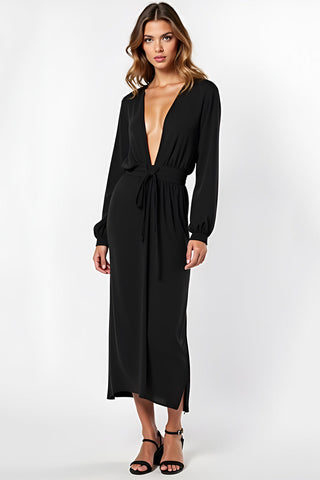 Deep V-Neck Black Tea-Length Black Tie Dress with Long Sleeves