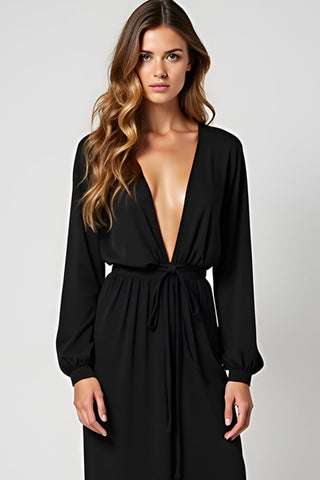 Deep V-Neck Black Tea-Length Black Tie Dress with Long Sleeves