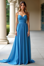 Elegantes blaues Ruhed Spaghettiträger Ballkleid