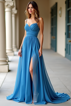 Elegantes blaues Ruhed Spaghettiträger Ballkleid