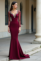 Burgunderrotes Meerjungfrau-Ballkleid mit langen Ärmeln und Perlenbesatz