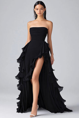 Tiered Long Black Strapless Chiffon Formal Dress with Slit