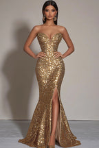 Vestido formal longo sereia dourado brilhante com lantejoulas e racha