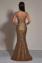 Vestido formal longo sereia dourado brilhante com lantejoulas e racha