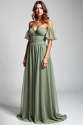 Robe de soirée longue en mousseline de soie couleur sauge poussiéreuse, ligne A et asymétrique