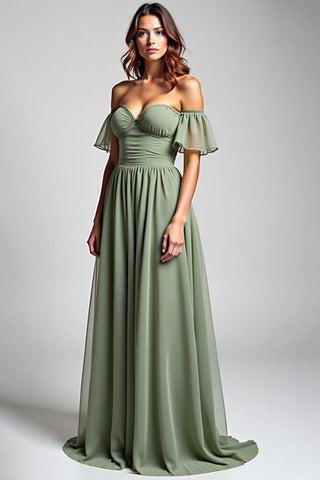 A-Linien-Kleid aus schulterfreiem, langem Chiffon in Dusty Sage
