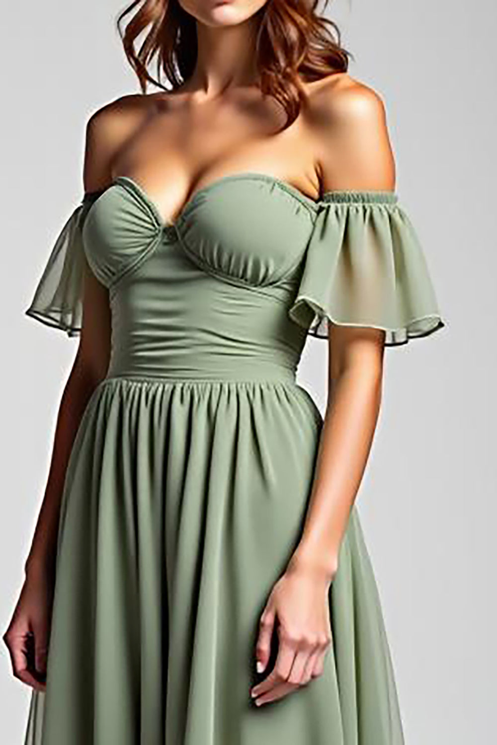 A Line Dusty Sage Off the Shoulder Long Chiffon Formal Dress