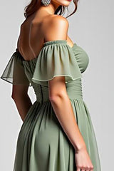 A Line Dusty Sage Off the Shoulder Long Chiffon Formal Dress