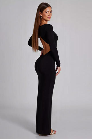 Black Long Sheath Cut Out Jersey Formal Dress with Sleeves