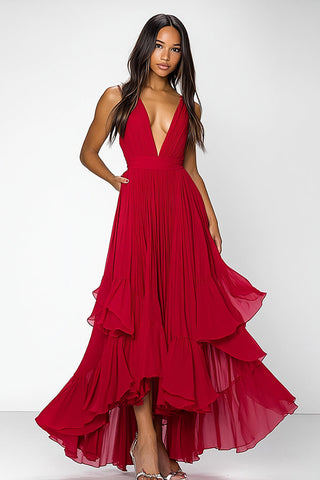 A-Linie, langes, rotes Abendkleid mit tiefem V-Ausschnitt und Rüschen