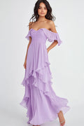 Lilafarbenes, schulterfreies, langes Chiffon-Ballkleid mit Rüschen