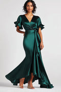 Robe de soirée longue vert foncé sirène à col en V et manches courtes