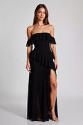 Schwarzes, rückenfreies Chiffon-Ballkleid mit quadratischem Ausschnitt und Schlitz