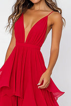 Red Deep V-Neck Pleated Long Asymmetrical Chiffon Formal Dress